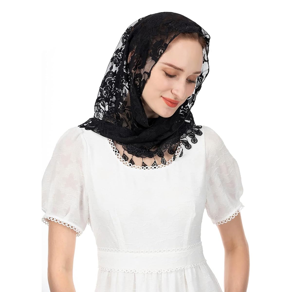 PALAY Triangle Lace Mantilla Veil Head Scarf Church Veil Mass Veil for Women Embroidery Rose Tassel Ladies Cathedral Head Covering for Mass Wedding Bridesmaids - Black PALAY Triangle Lace Mantilla Veil Head Scarf Church Veil Mass Veil for Women Embroidery Rose Tassel Ladies Cathedral Head Covering for Mass Wedding Bridesmaids - Black